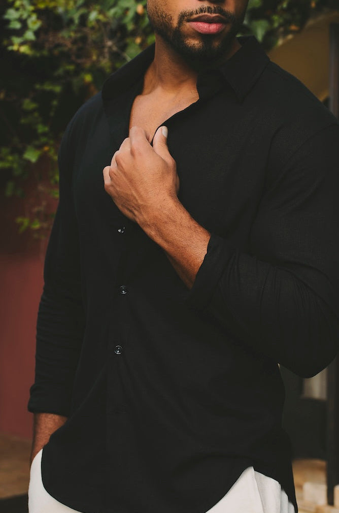 Stretch Linen Blend Button Through Shirt in Black - TAILORED ATHLETE - USA