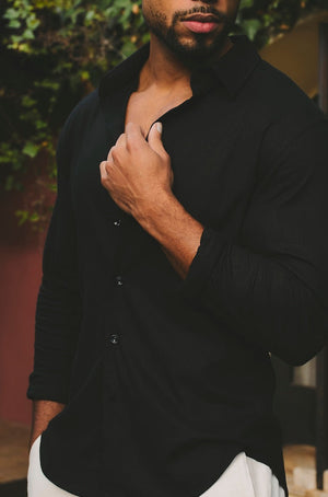 Stretch Linen Blend Button Through Shirt in Black - TAILORED ATHLETE - USA