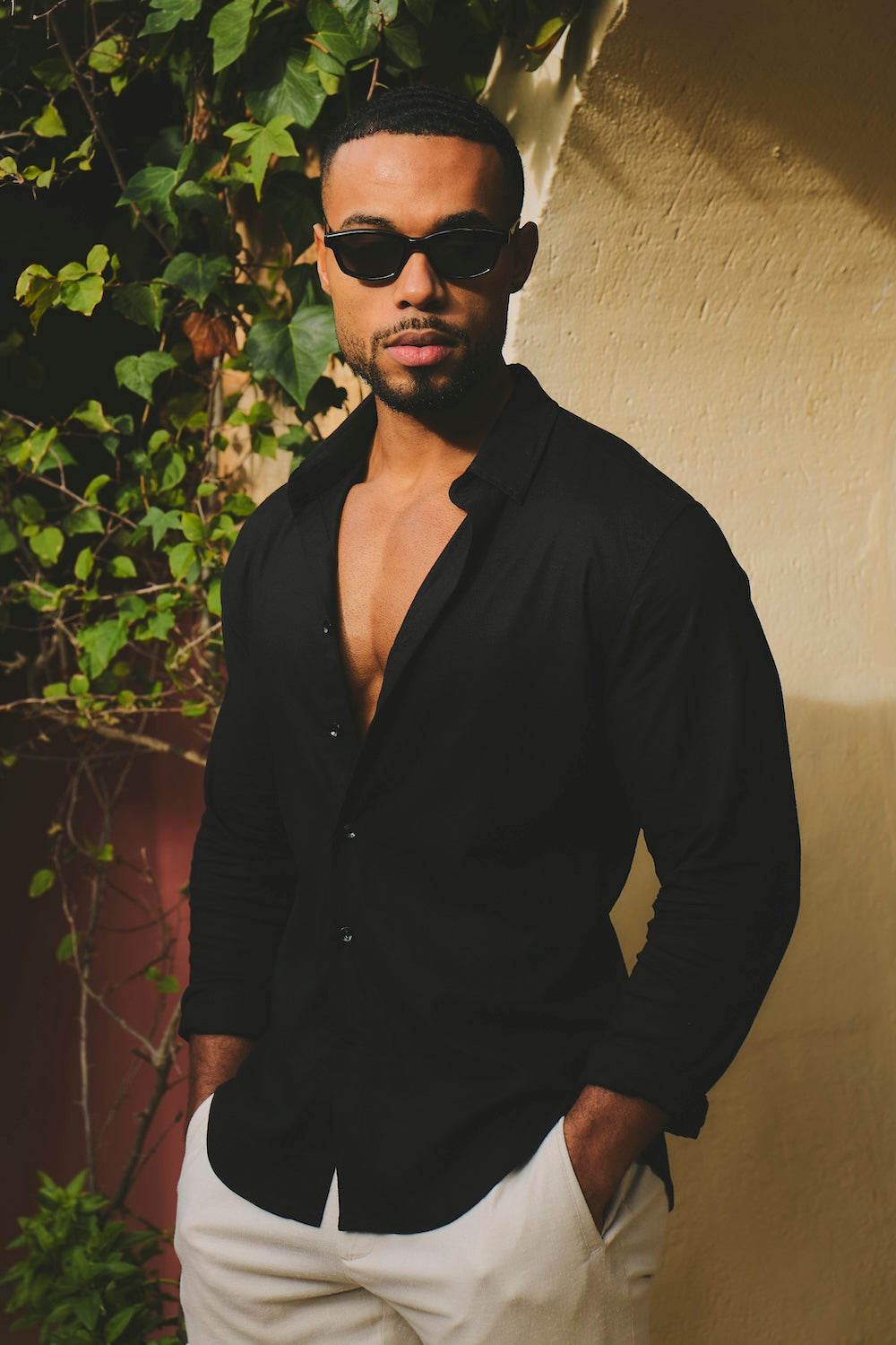 Stretch Linen Blend Button Through Shirt in Black - TAILORED ATHLETE - USA