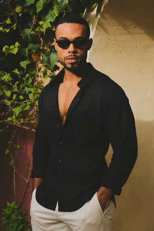 Stretch Linen Blend Button Through Shirt in Black - TAILORED ATHLETE - USA