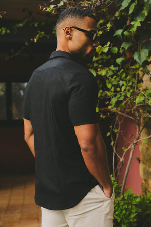 Stretch Linen Blend Button Through Shirt in Black - TAILORED ATHLETE - USA