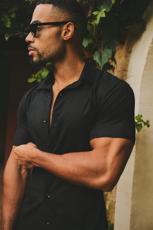 Stretch Linen Blend Button Through Shirt in Black - TAILORED ATHLETE - USA