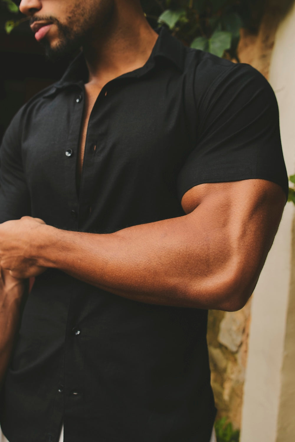 Stretch Linen Blend Button Through Shirt in Black - TAILORED ATHLETE - USA