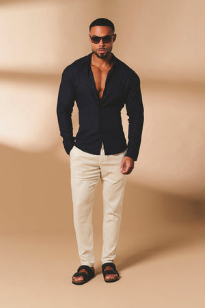 Stretch Linen Blend Button Through Shirt in Navy - TAILORED ATHLETE - USA