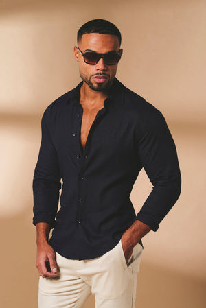 Stretch Linen Blend Button Through Shirt in Navy - TAILORED ATHLETE - USA