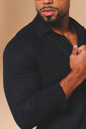 Stretch Linen Blend Button Through Shirt in Navy - TAILORED ATHLETE - USA