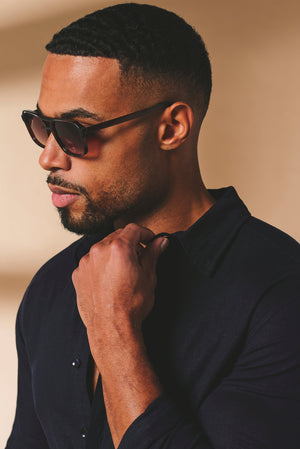 Stretch Linen Blend Button Through Shirt in Navy - TAILORED ATHLETE - USA