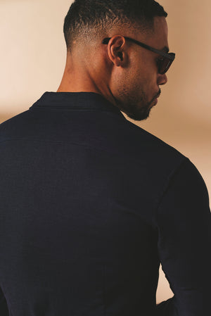 Stretch Linen Blend Button Through Shirt in Navy - TAILORED ATHLETE - USA