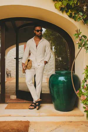 Stretch Linen Blend Cuban Collar Shirt in Stone - TAILORED ATHLETE - USA