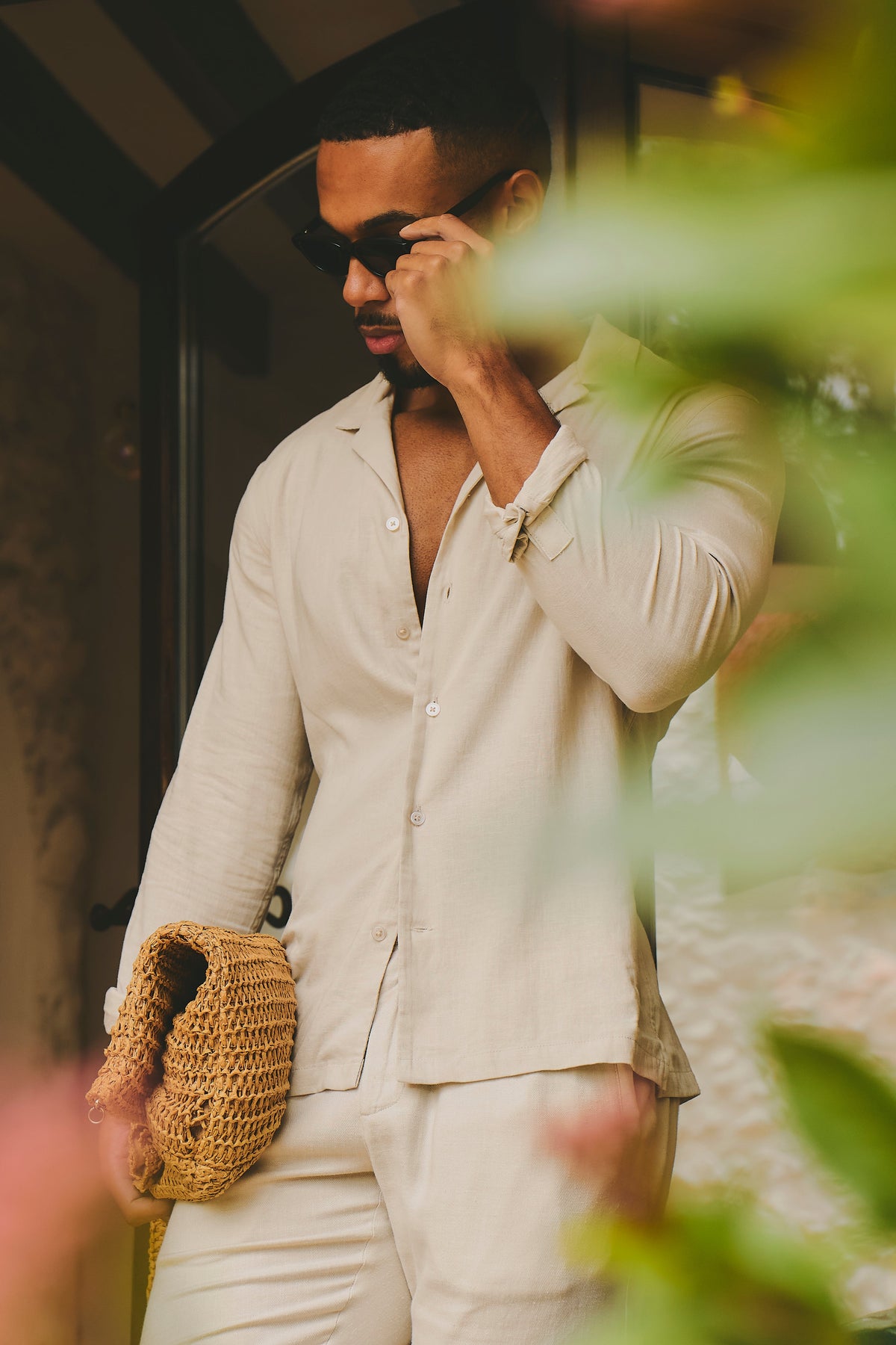 Stretch Linen Blend Cuban Collar Shirt in Stone XXXL