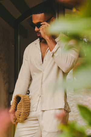 Stretch Linen Blend Cuban Collar Shirt in Stone - TAILORED ATHLETE - USA