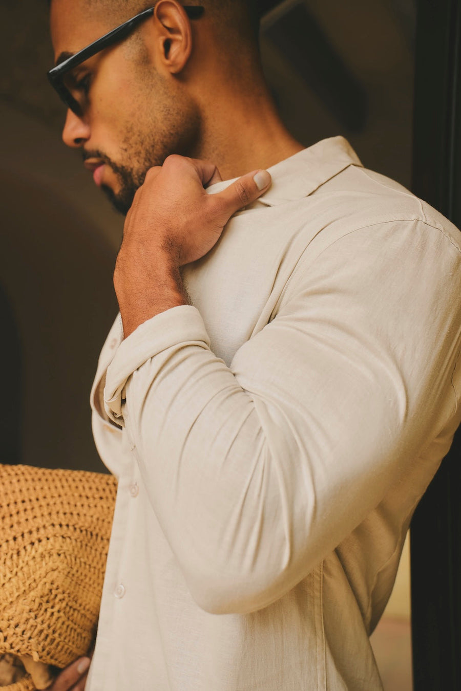 Stretch Linen Blend Cuban Collar Shirt in Stone - TAILORED ATHLETE - USA