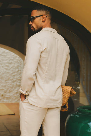 Stretch Linen Blend Cuban Collar Shirt in Stone - TAILORED ATHLETE - USA