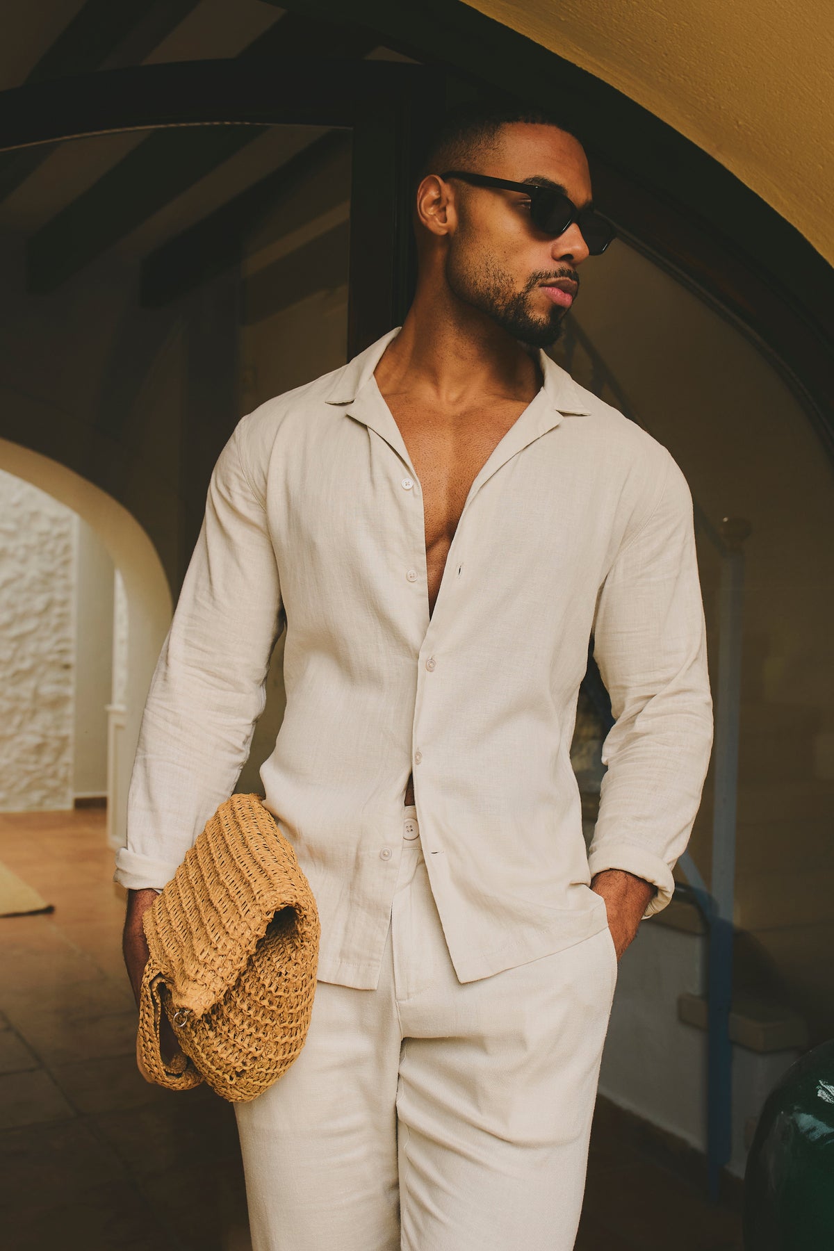 Stretch Linen Blend Cuban Collar Shirt in Stone - TAILORED ATHLETE - USA
