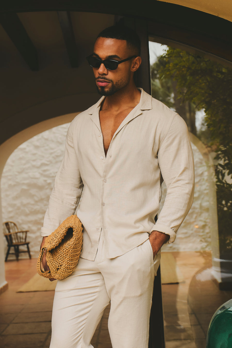 Stretch Linen Blend Cuban Collar Shirt in Stone - TAILORED ATHLETE - USA