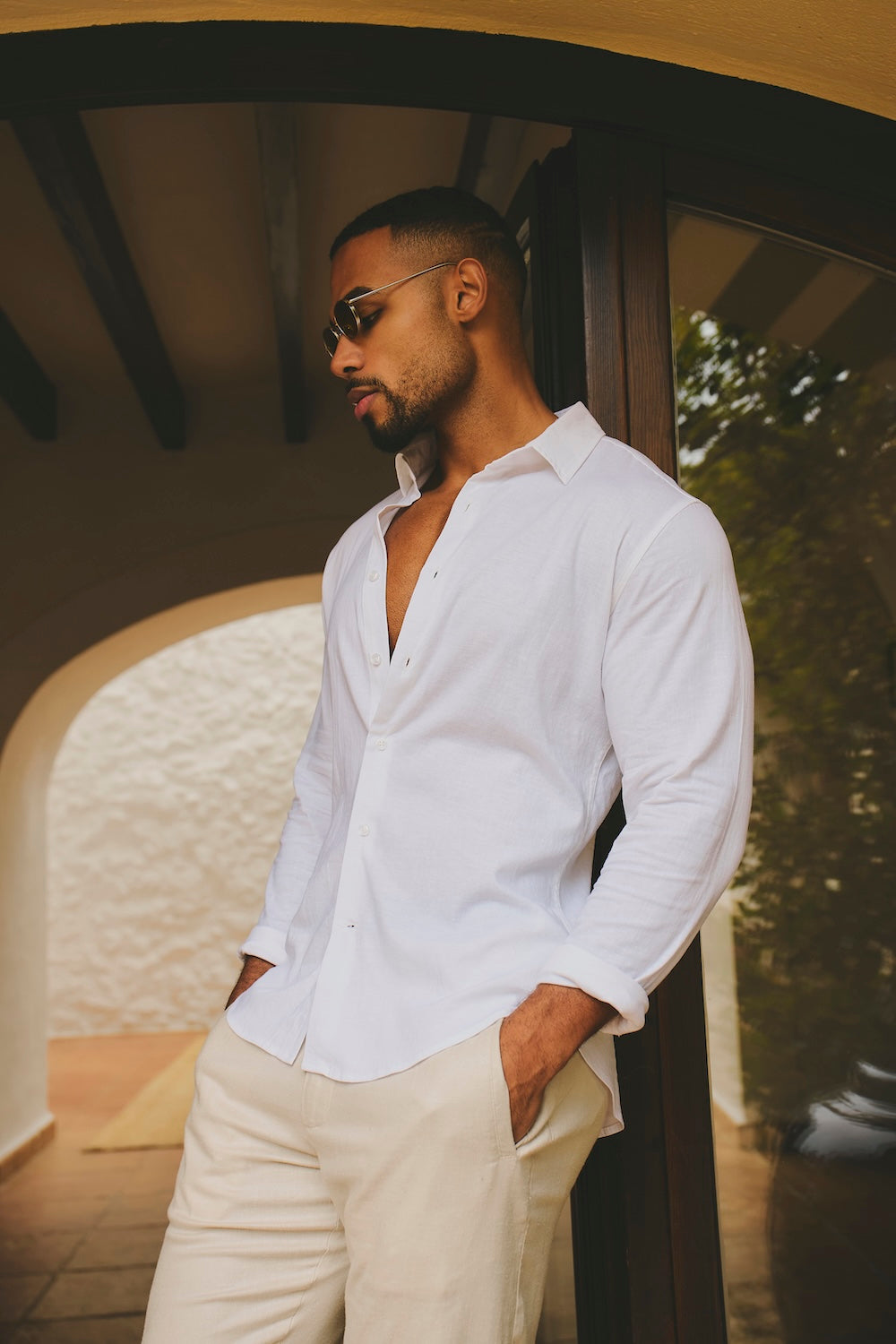 Stretch Linen Blend Button Through Shirt in White - TAILORED ATHLETE - USA