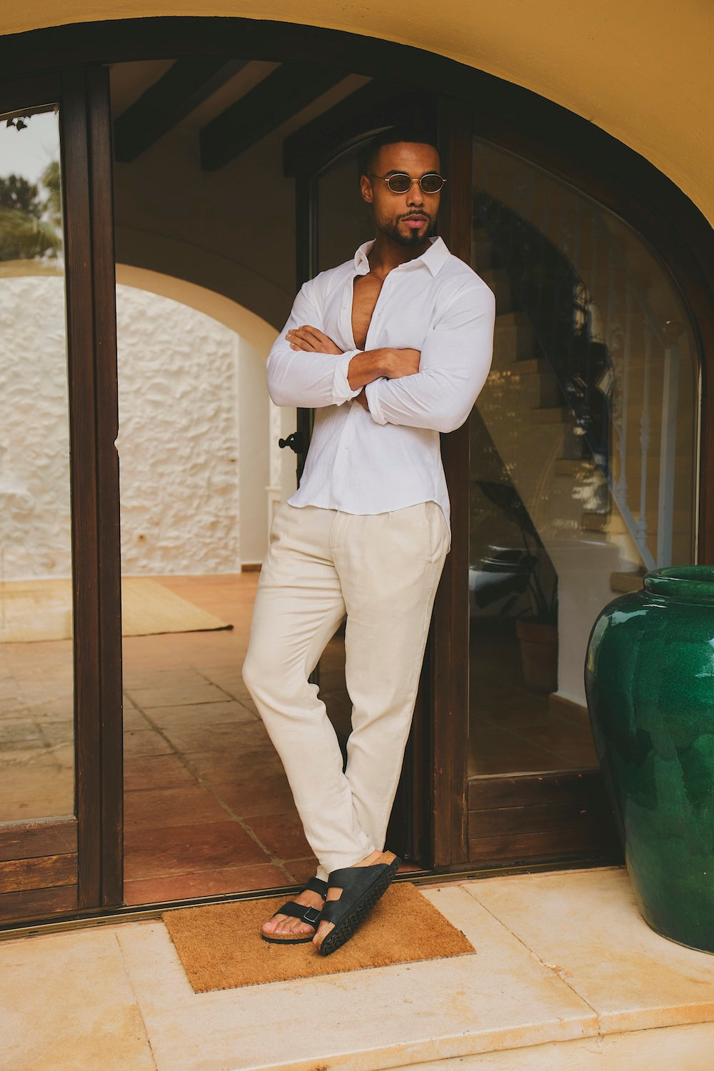 Stretch Linen Blend Button Through Shirt in White XXXL