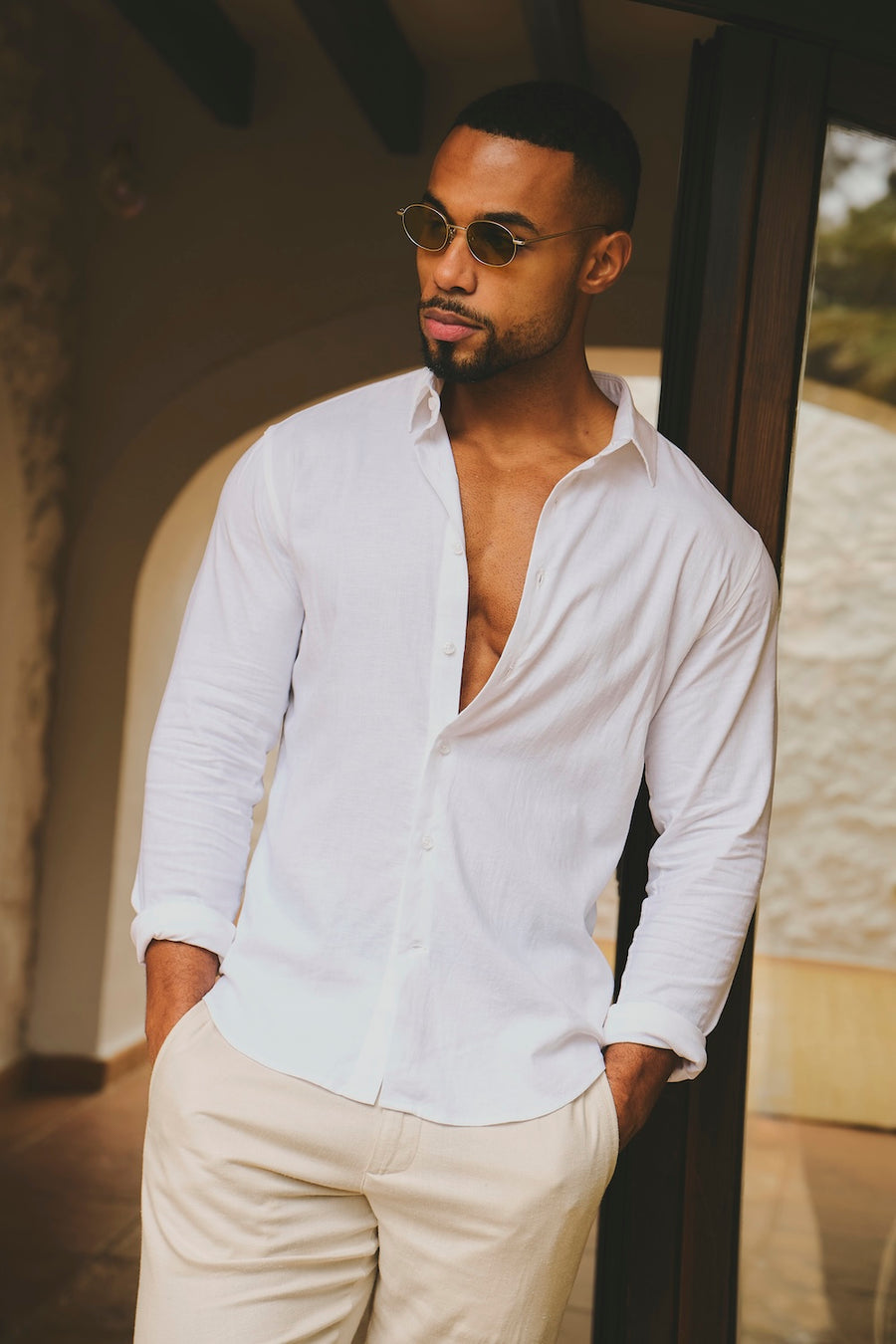 Stretch Linen Blend Button Through Shirt in White - TAILORED ATHLETE - USA