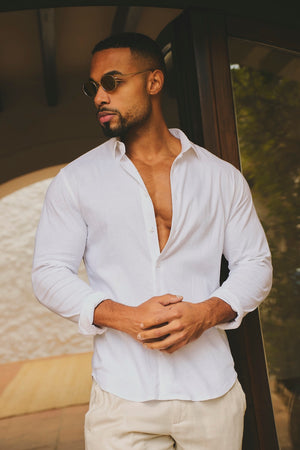 Stretch Linen Blend Button Through Shirt in White - TAILORED ATHLETE - USA