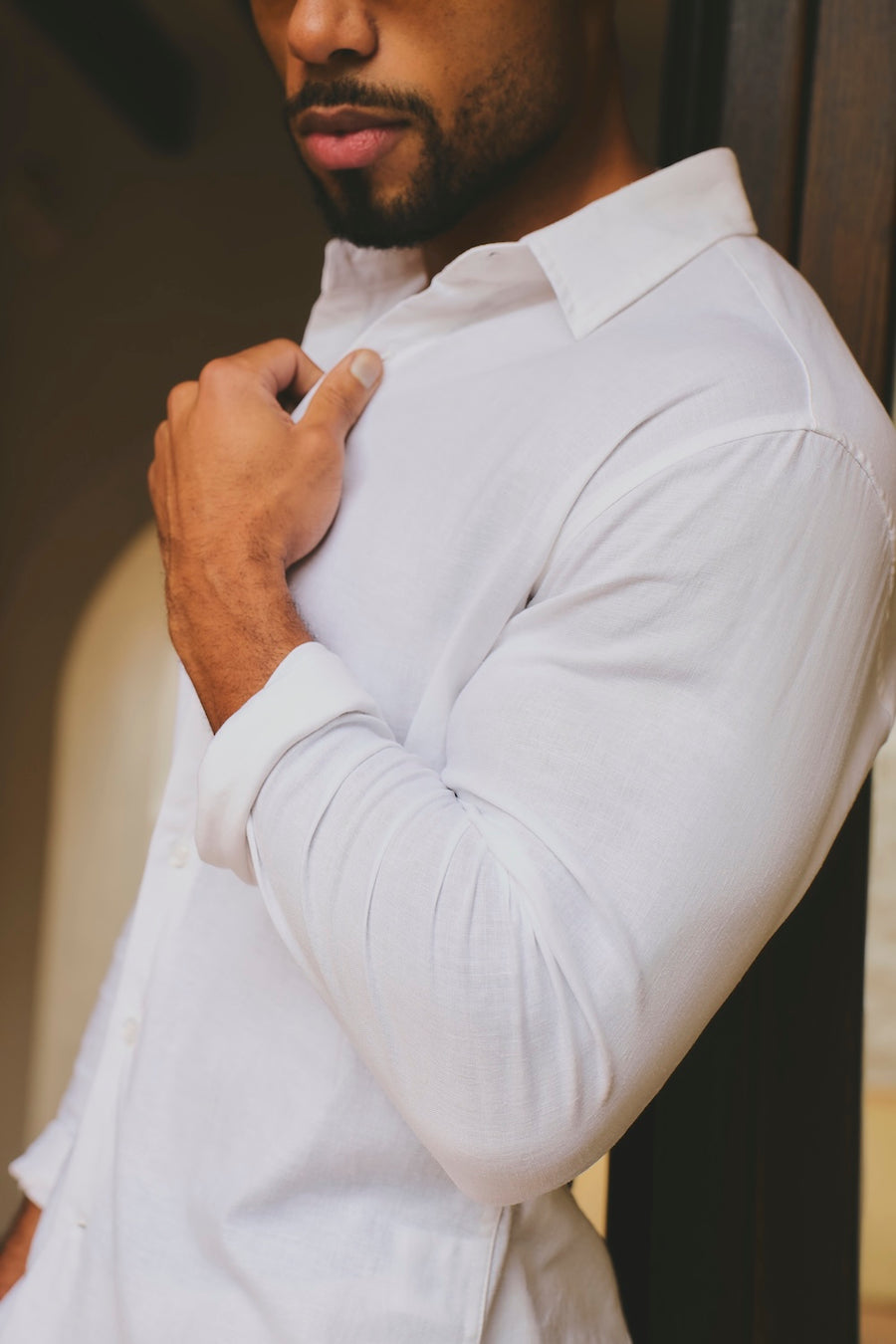 Stretch Linen Blend Button Through Shirt in White - TAILORED ATHLETE - USA