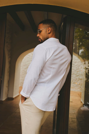 Stretch Linen Blend Button Through Shirt in White - TAILORED ATHLETE - USA