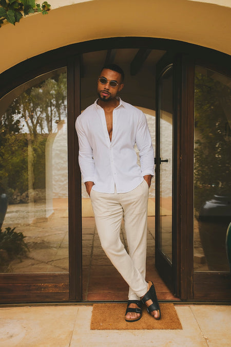 Stretch Linen Blend Button Through Shirt in White - TAILORED ATHLETE - USA