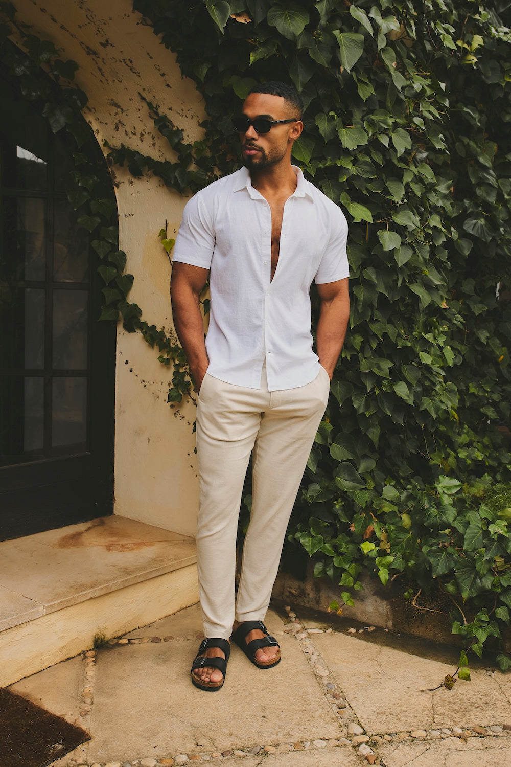 Stretch Linen Blend Button Through Shirt in White - TAILORED ATHLETE - USA