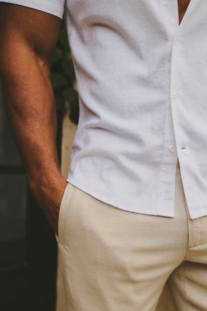 Stretch Linen Blend Button Through Shirt in White - TAILORED ATHLETE - USA