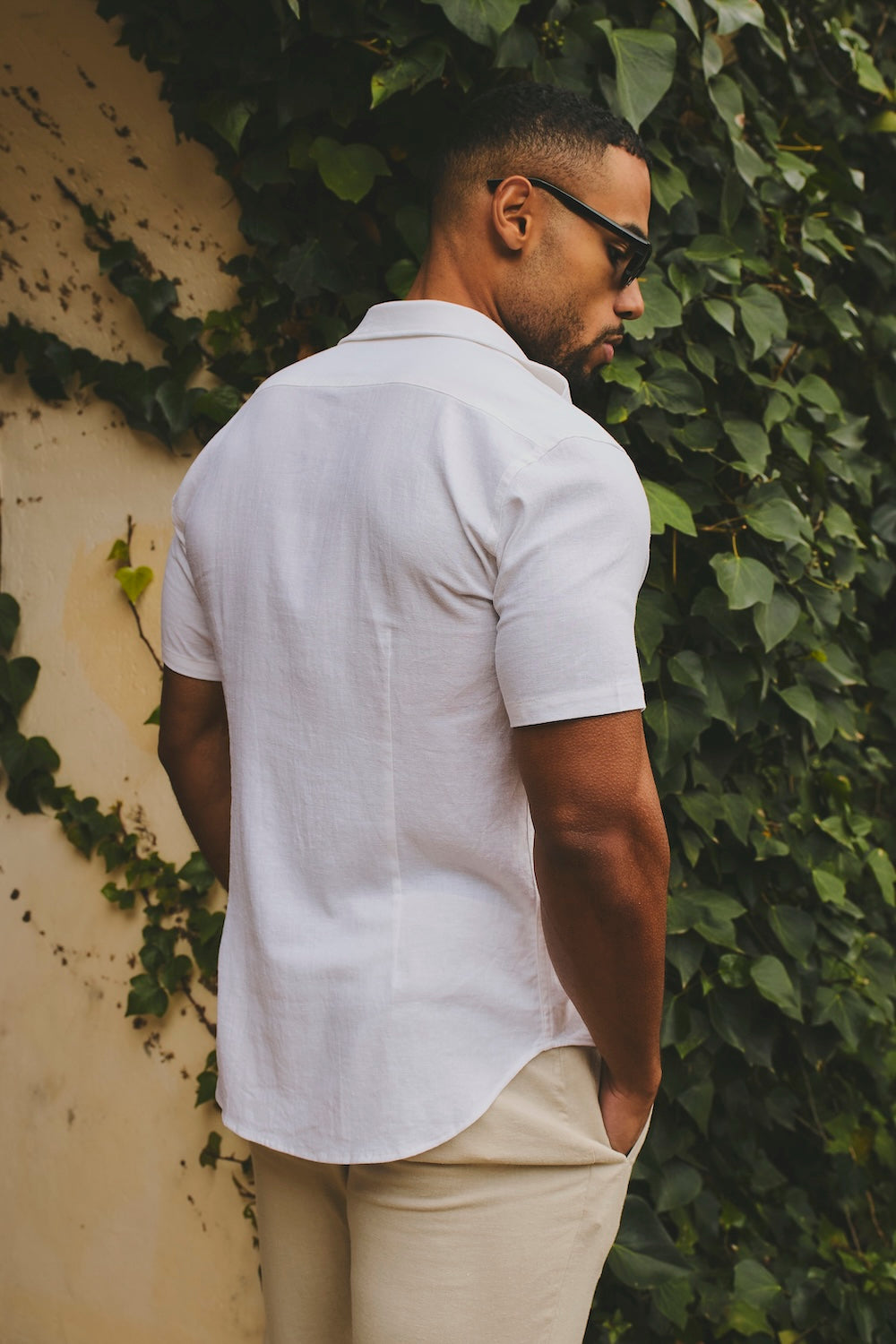 Stretch Linen Blend Button Through Shirt in White - TAILORED ATHLETE - USA