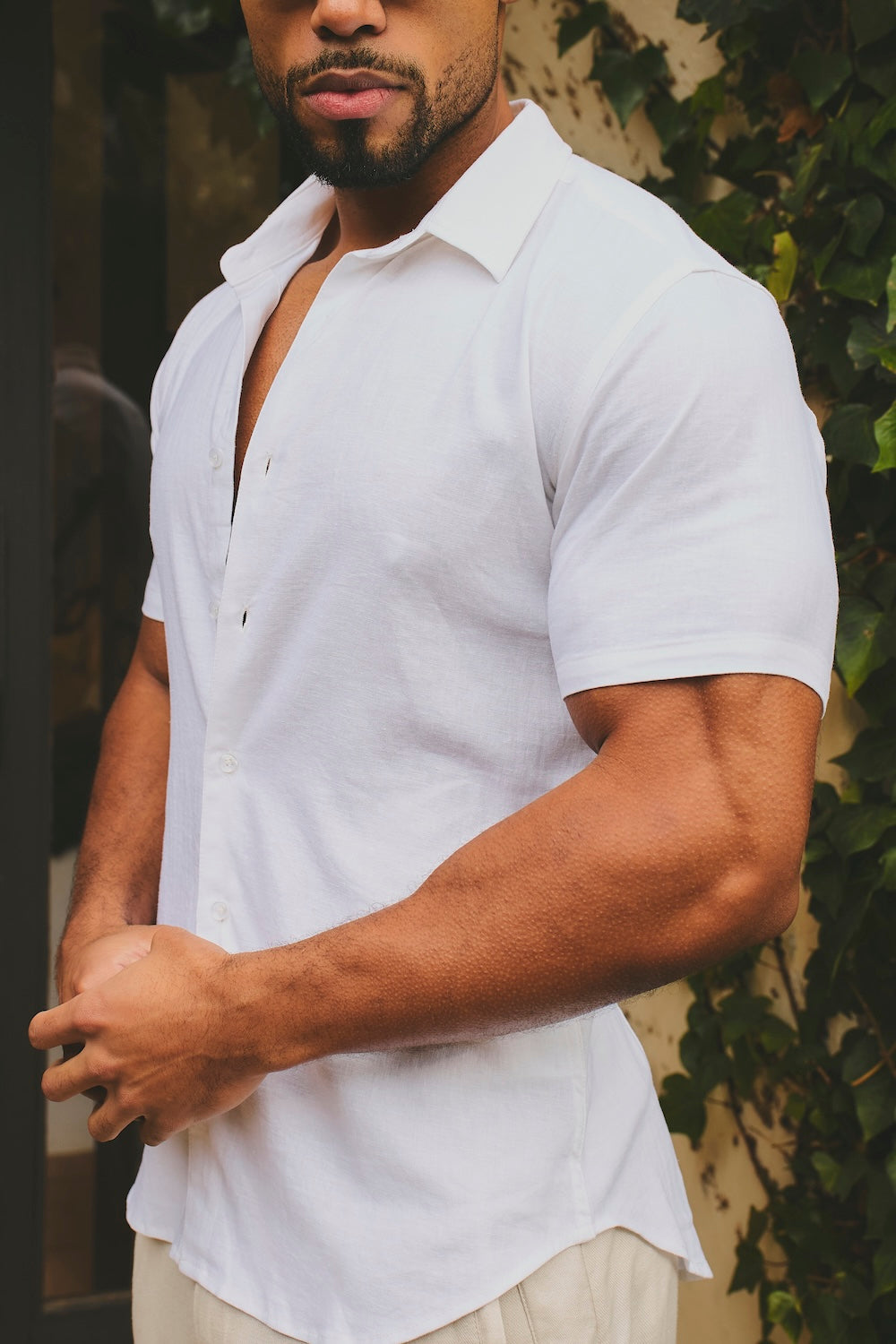 Stretch Linen Blend Button Through Shirt in White - TAILORED ATHLETE - USA