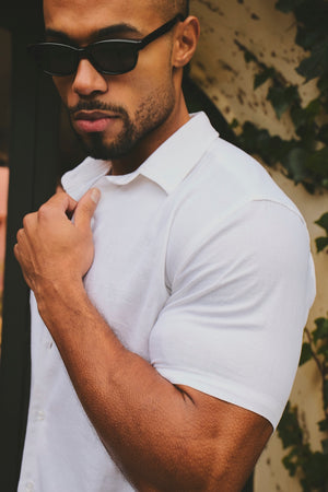 Stretch Linen Blend Button Through Shirt in White - TAILORED ATHLETE - USA