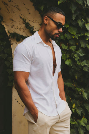 Stretch Linen Blend Button Through Shirt in White - TAILORED ATHLETE - USA
