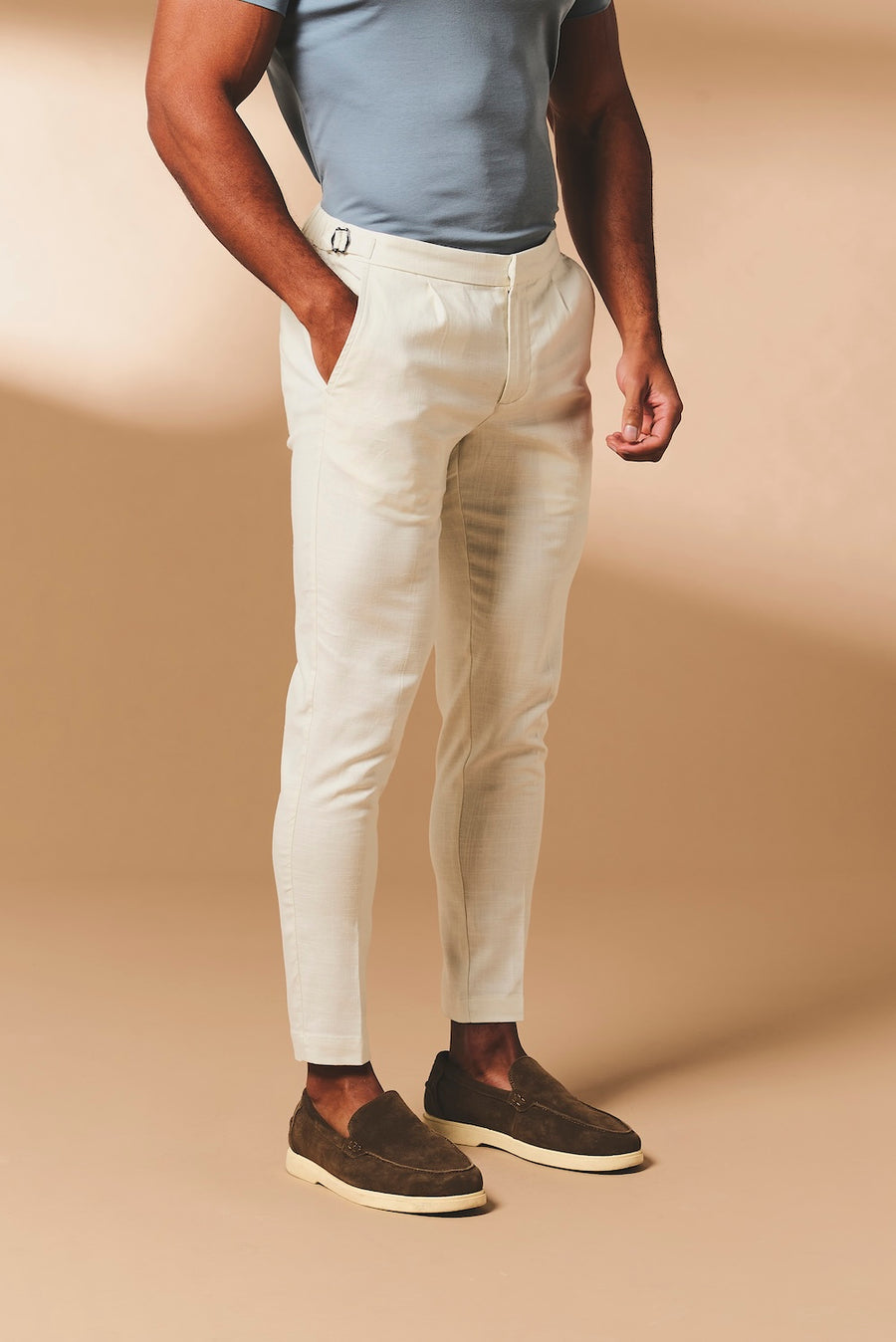 Stretch Linen Blend Cropped Pleated Pants in Chalk - TAILORED ATHLETE - USA