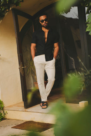 Stretch Linen Blend Single Pleated Pants in Stone - TAILORED ATHLETE - USA