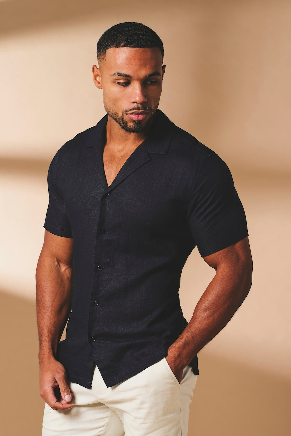 Stretch Linen Blend Cuban Collar Shirt in Navy - TAILORED ATHLETE - USA