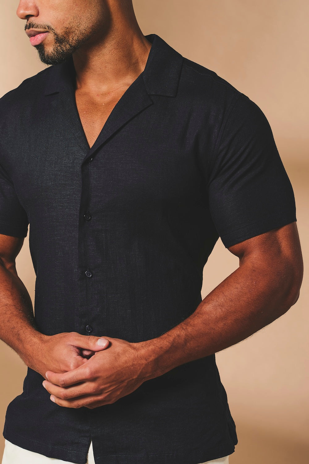 Stretch Linen Blend Cuban Collar Shirt in Navy - TAILORED ATHLETE - USA
