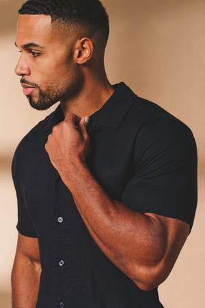 Stretch Linen Blend Cuban Collar Shirt in Navy - TAILORED ATHLETE - USA