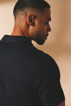 Stretch Linen Blend Cuban Collar Shirt in Navy - TAILORED ATHLETE - USA