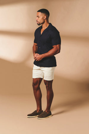 Stretch Linen Blend Cuban Collar Shirt in Navy - TAILORED ATHLETE - USA