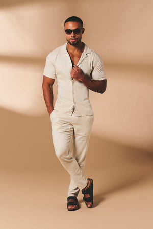 Stretch Linen Blend Cuban Collar Shirt in Stone - TAILORED ATHLETE - USA