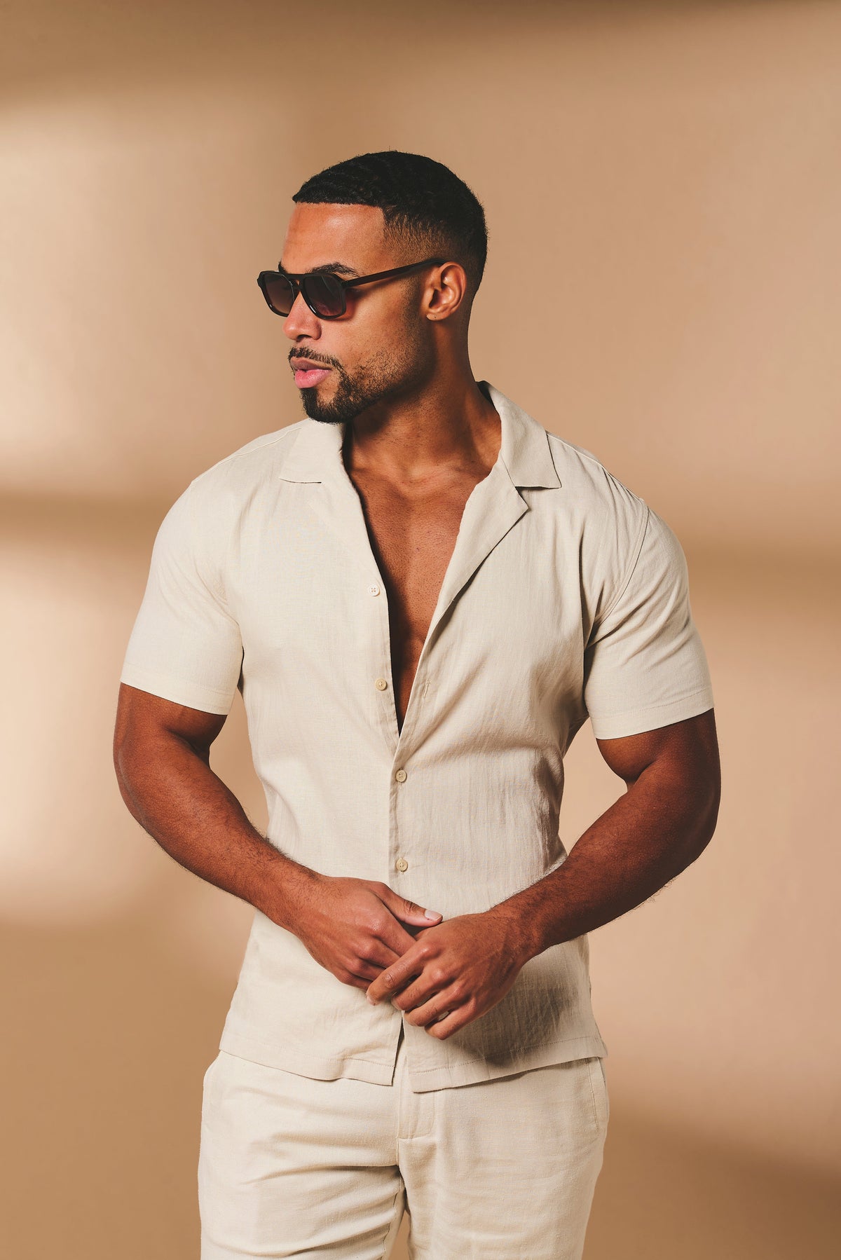 Stretch Linen Blend Cuban Collar Shirt in Stone - TAILORED ATHLETE - USA