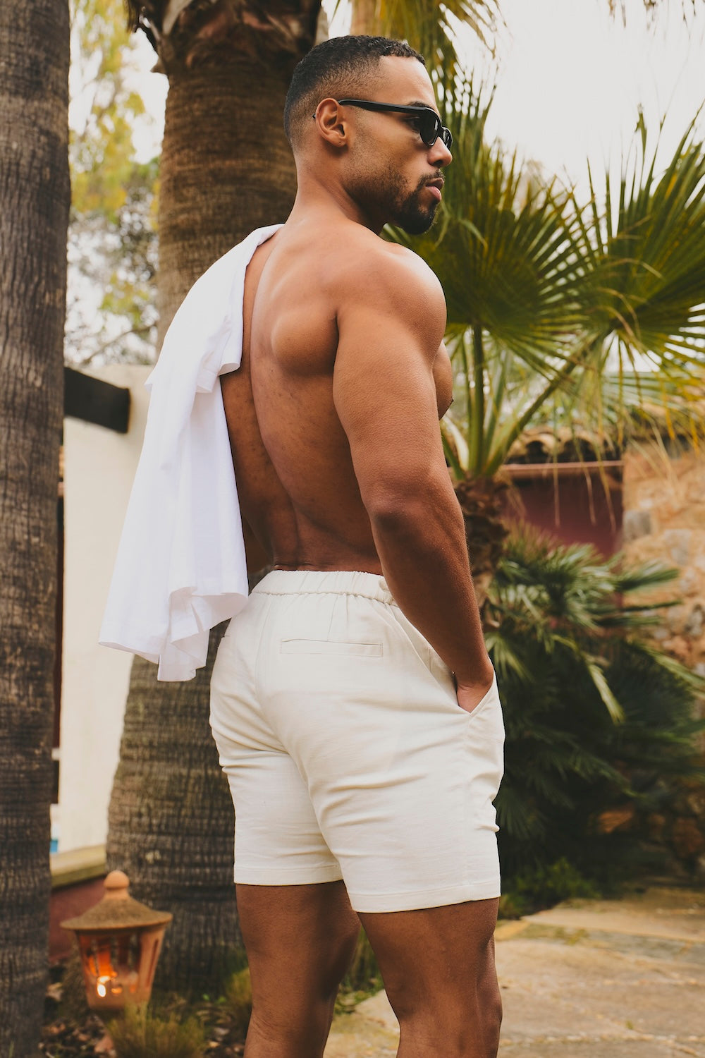 Stretch Linen Blend Pleat Side Adjuster Shorts in Chalk - TAILORED ATHLETE - USA