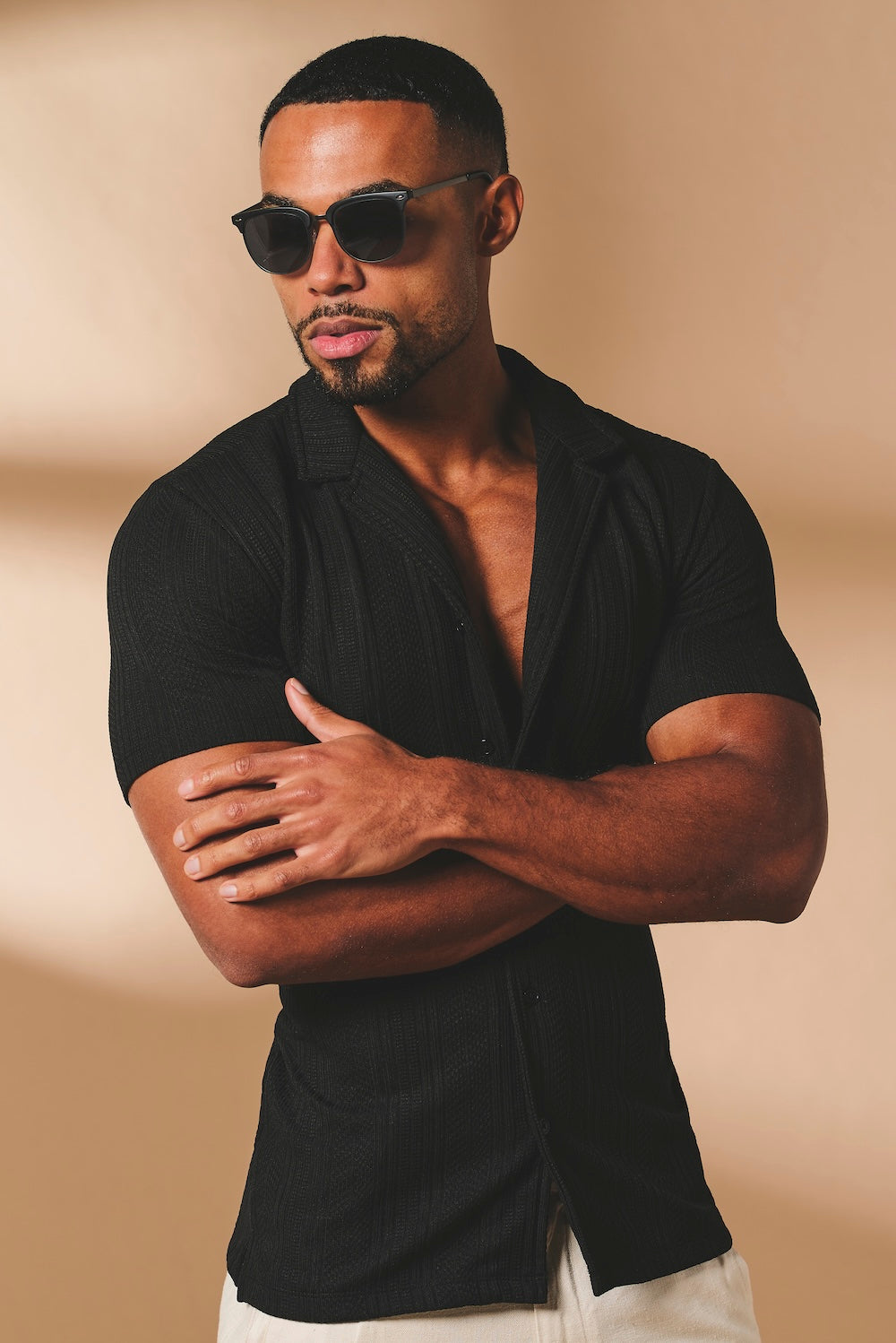 Stripe Patterned Cuban Collar Shirt in Black - TAILORED ATHLETE - USA