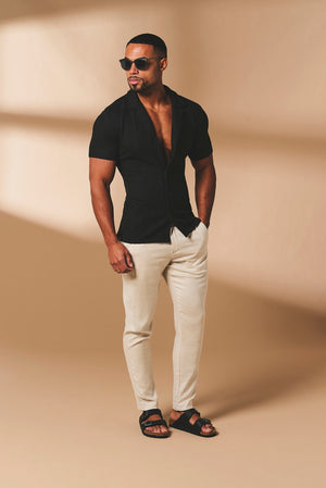 Stripe Patterned Cuban Collar Shirt in Black - TAILORED ATHLETE - USA