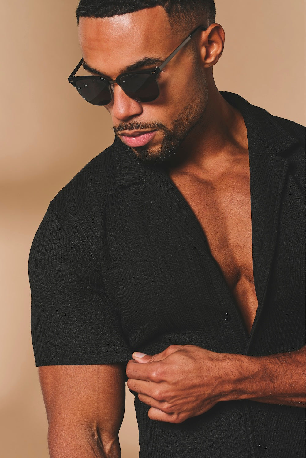 Stripe Patterned Cuban Collar Shirt in Black - TAILORED ATHLETE - USA