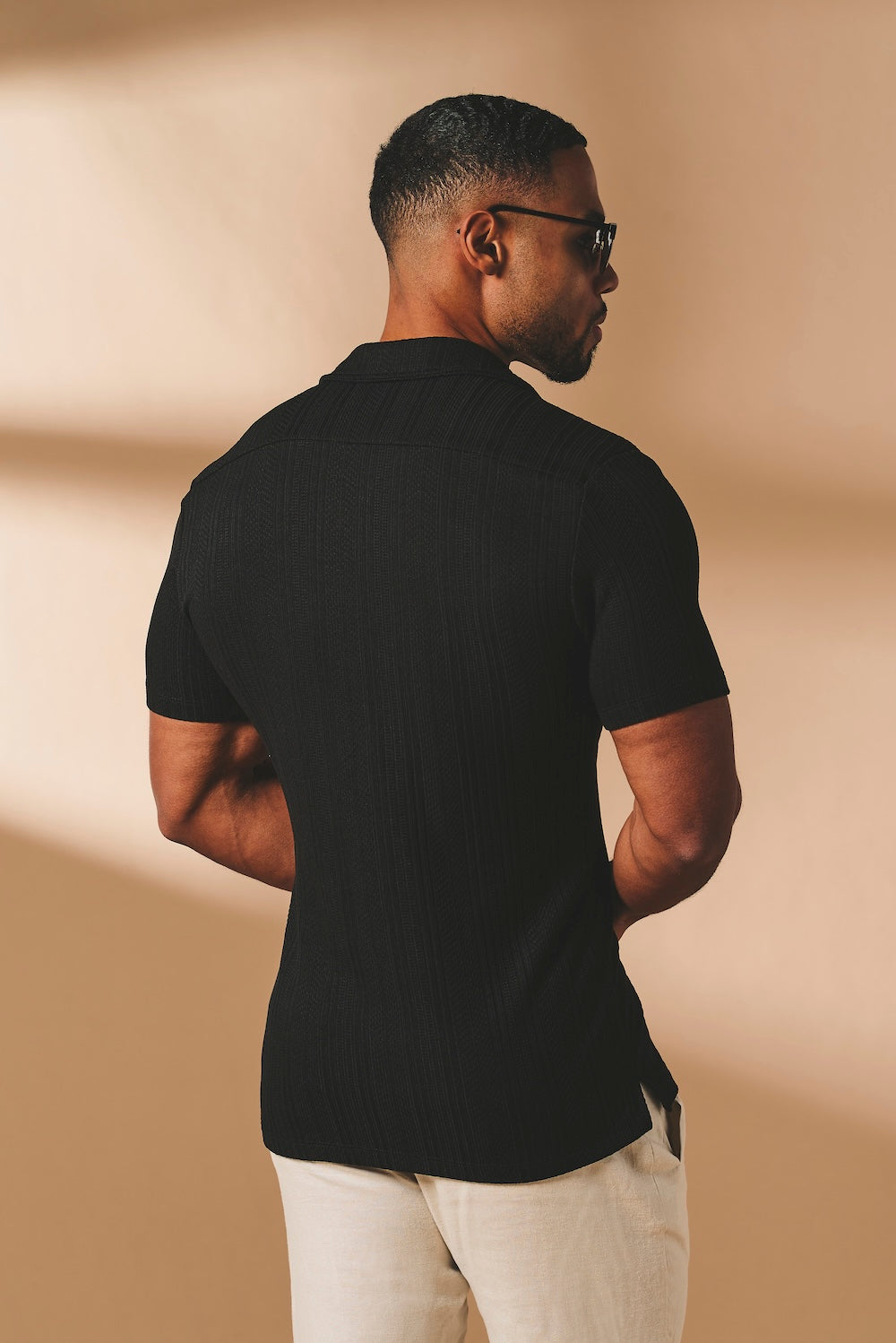 Stripe Patterned Cuban Collar Shirt in Black - TAILORED ATHLETE - USA