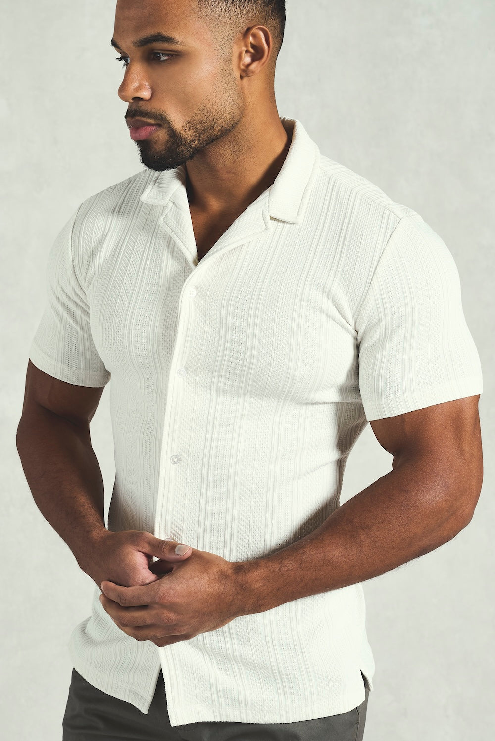 Stripe Patterned Cuban Collar Shirt in Ecru - TAILORED ATHLETE - USA