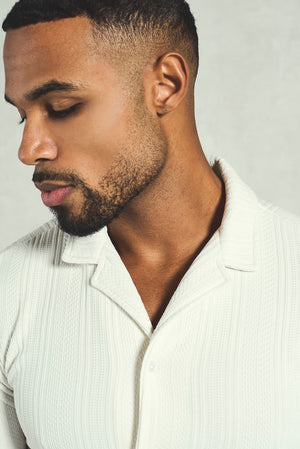 Stripe Patterned Cuban Collar Shirt in Ecru - TAILORED ATHLETE - USA