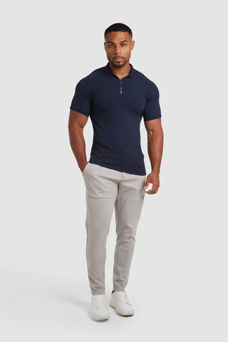 Ribbed Zip Neck Polo in Navy