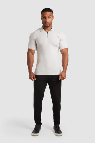 Ribbed Zip Neck Polo in Chalk